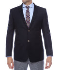 Navy slim fit blazer by Shopify with gold buttons, tailored fit, and classic style, shown on a mannequin.