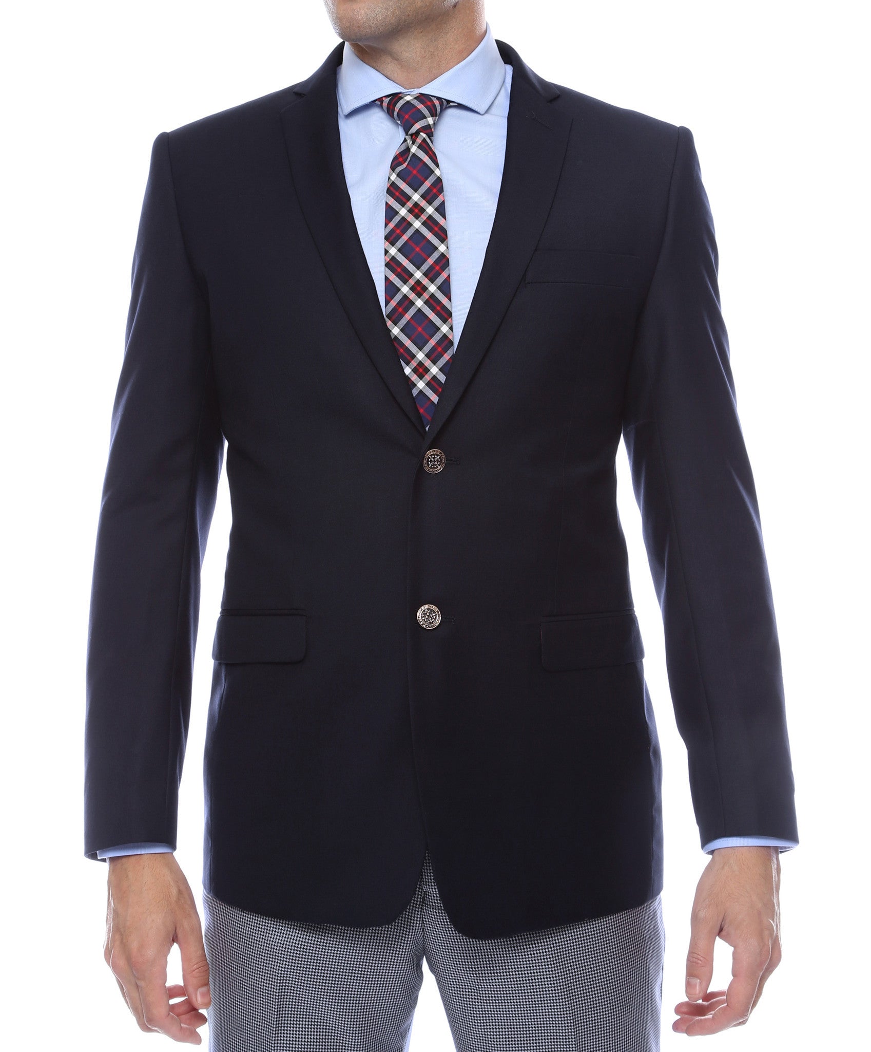 Navy slim fit blazer by Shopify with gold buttons, tailored fit, and classic style, shown on a mannequin.