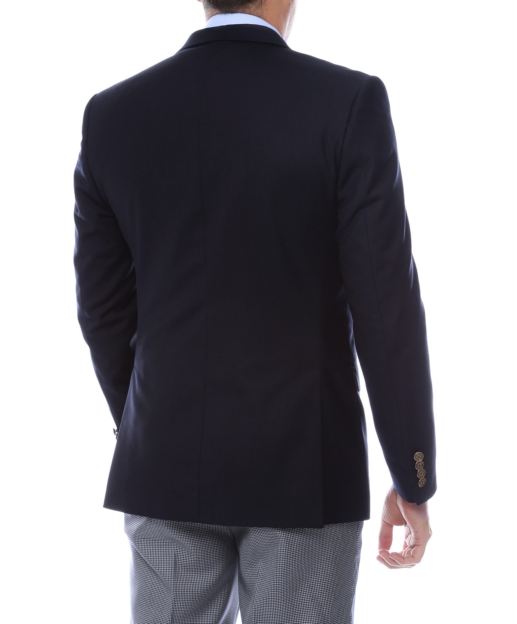 Shopify Finn Gold Button slim fit navy blazer with gold buttons, tailored fit, and classic lapel details.