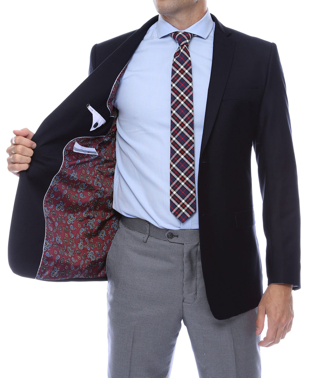 Navy blazer by Shopify featuring gold buttons, slim fit design, tailored look, and classic lapel style.