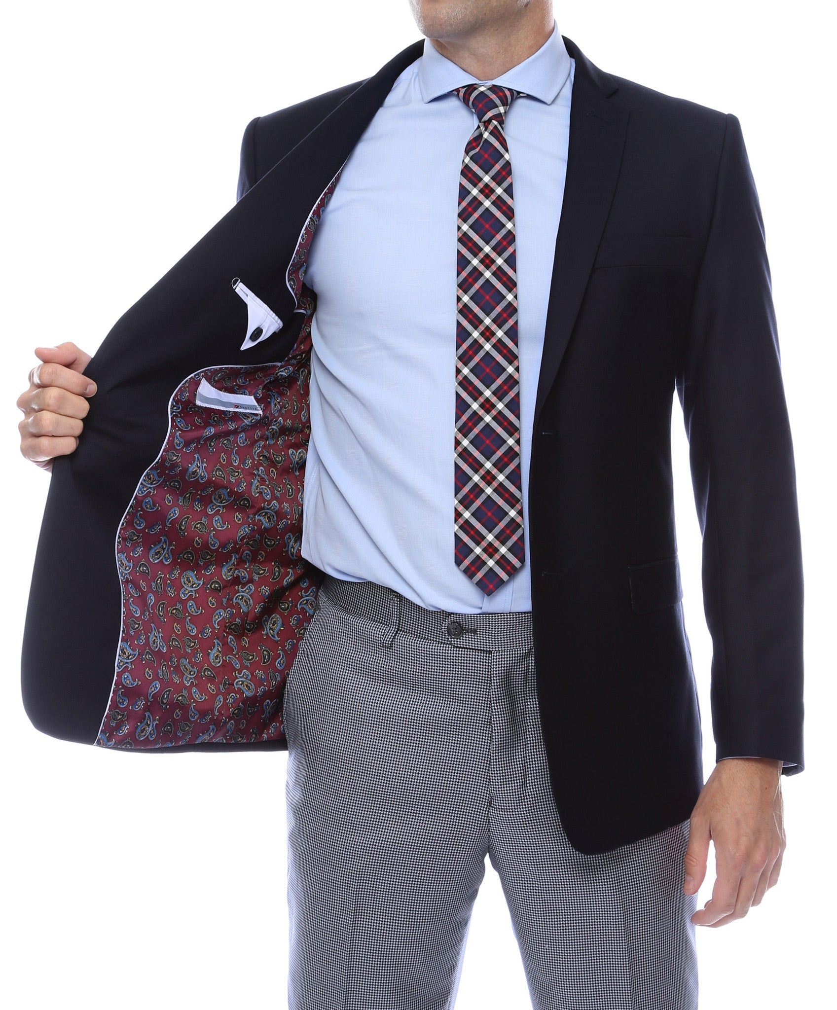 Navy blazer by Shopify featuring gold buttons, slim fit design, tailored look, and classic lapel style.