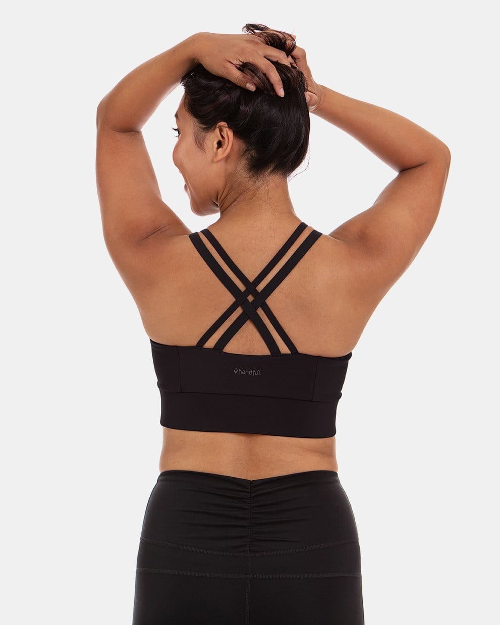 Back view of Handful Double Down Bra in Booya Black, showing supportive design and adjustable straps.