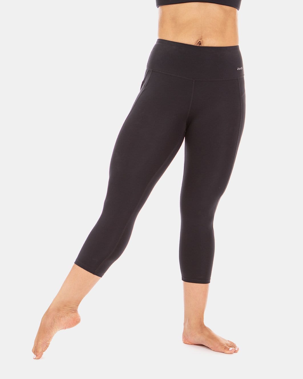Front view of Handful Squeeze Play High-Waist Capri in Booya Black, XS, showcasing the sleek high-waist design and comfortable fit.