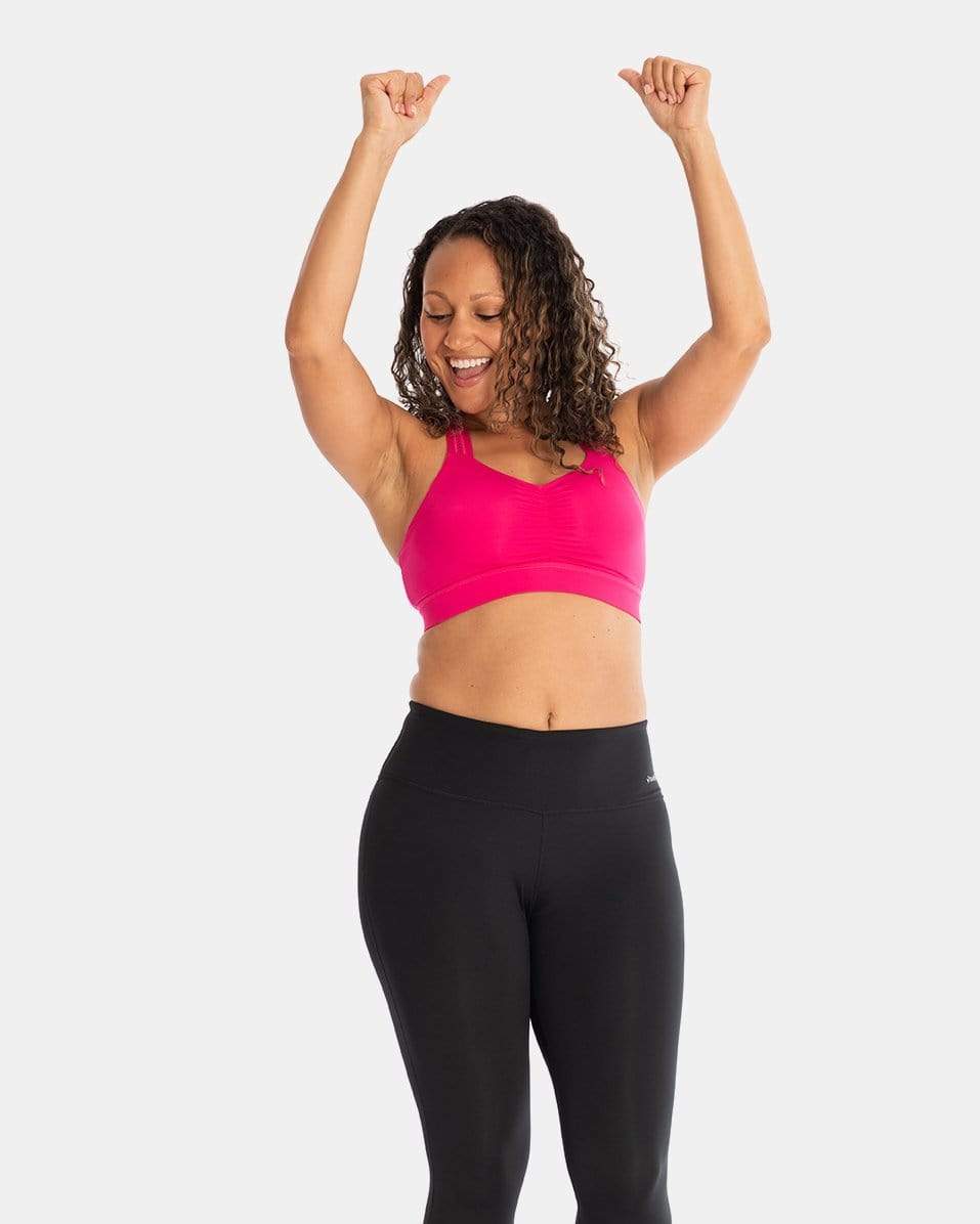Handful Y-Back Bra in Battle Cry Pink, front view showing supportive design and vibrant color.