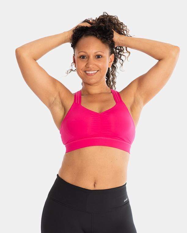Handful Y-Back Bra in Battle Cry Pink, front view showing supportive design and vibrant pink color.