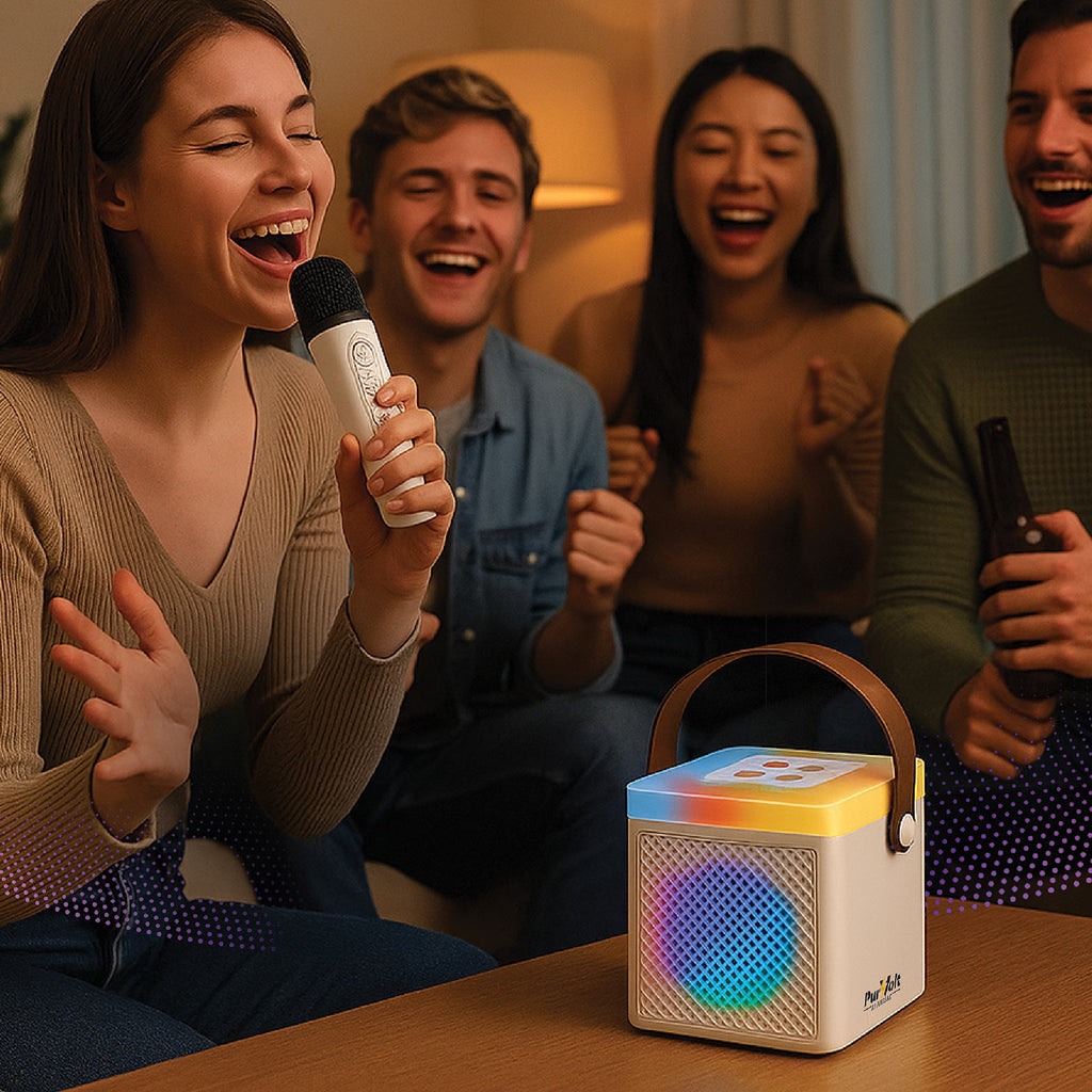Pursonic PurVolt portable karaoke set with microphone and controls, ideal for singing and entertainment on the go.