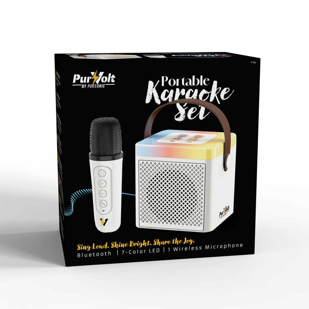 Pursonic PurVolt portable karaoke set with microphone and control panel, ideal for singing and sharing music anywhere.