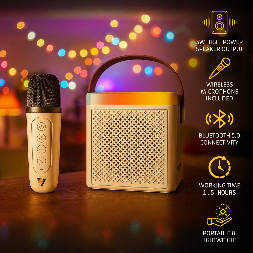 Pursonic PurVolt portable karaoke set with microphone and controls, perfect for singing and sharing music anywhere.