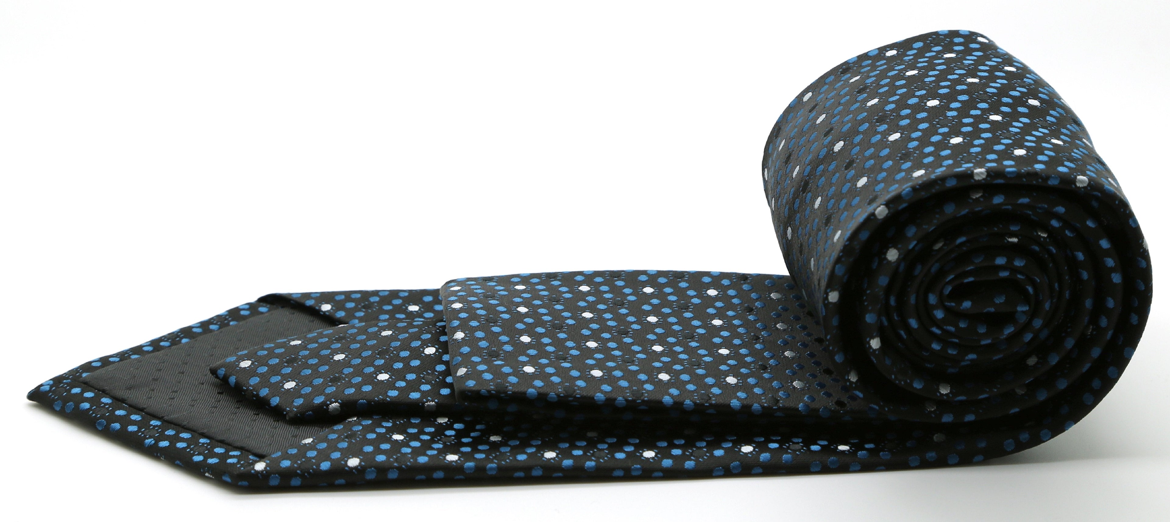 Men's black and blue dot pattern necktie and hanky set by Ferrecci USA, featuring a classic business casual style.