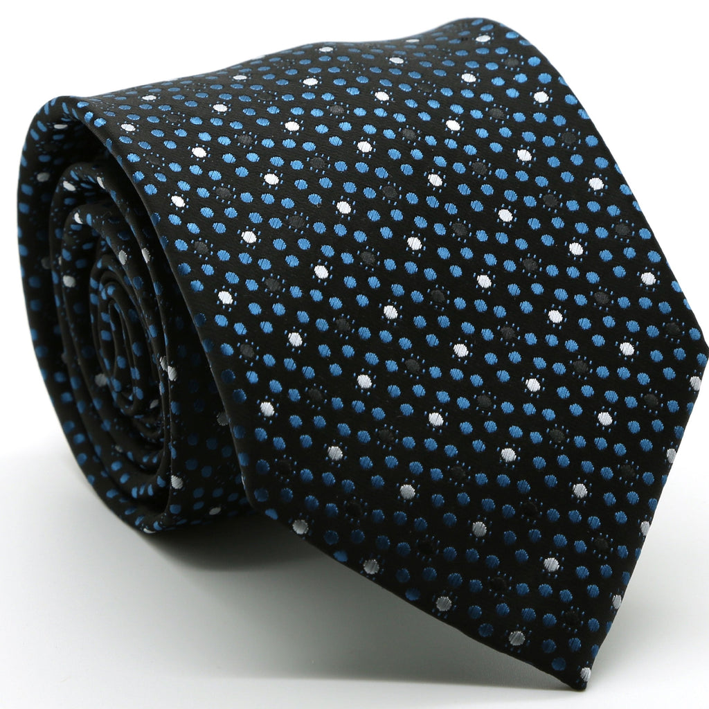 Men's black and blue dot pattern business casual necktie and matching hanky set by Ferrecci USA, shown with the necktie laid flat.