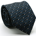 Men's black and blue dot pattern business casual necktie and matching hanky set by Ferrecci USA, shown with the necktie laid flat.