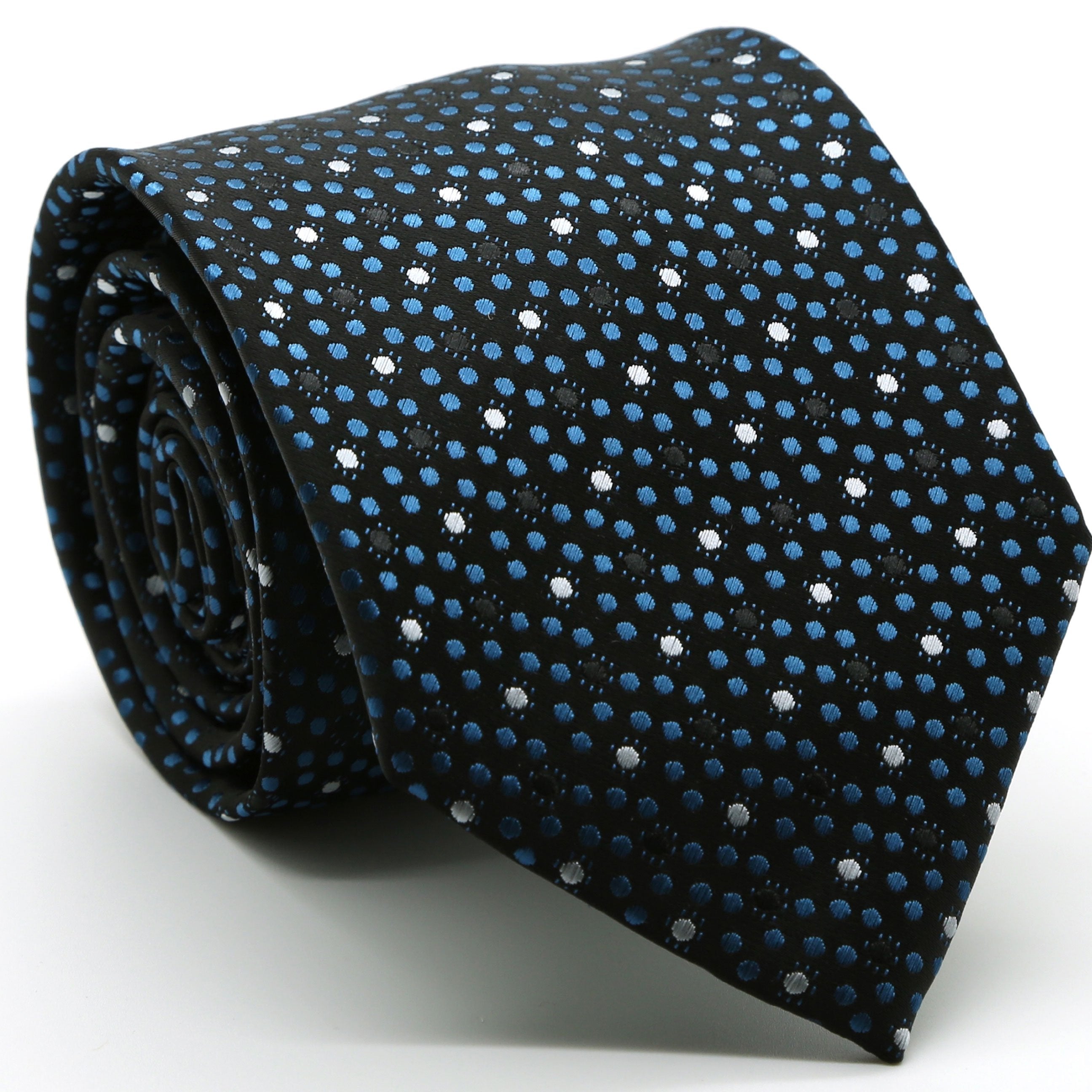 Men's black and blue dot pattern business casual necktie and matching hanky set by Ferrecci USA, shown with the necktie laid flat.