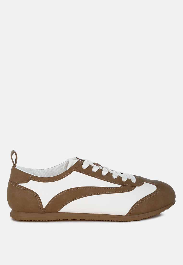 Tan Moomba lace-up sneakers by London Rag featuring stylish design and comfortable fit.