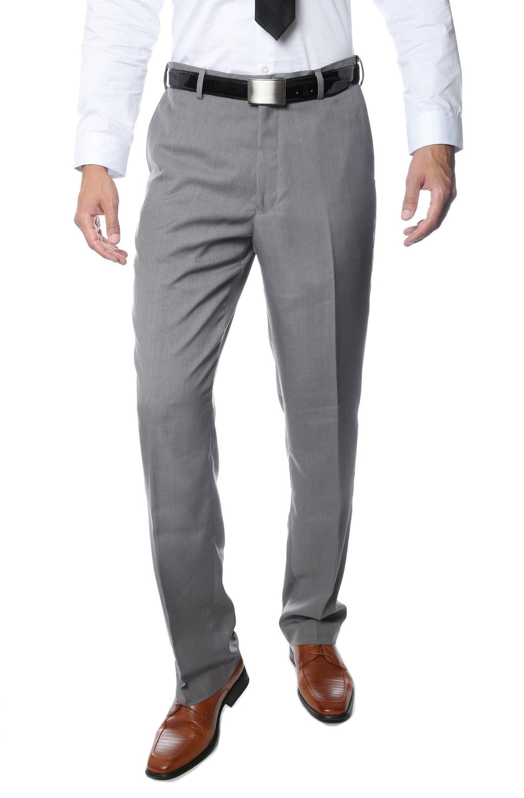 Shopify men's premium grey regular fit pants showing front view, with pockets and belt loops, made from comfortable fabric.