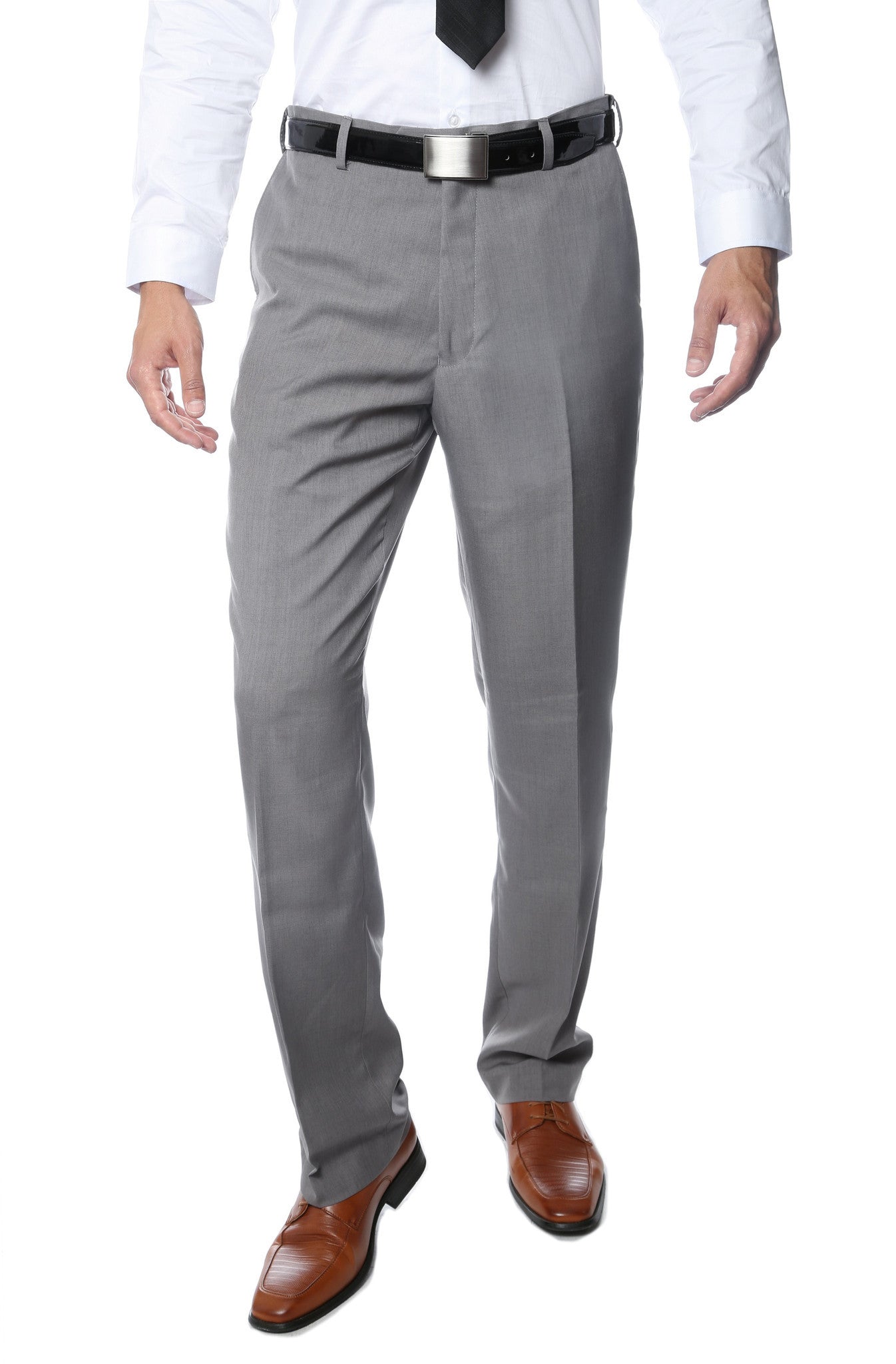 Shopify men's premium grey regular fit pants showing front view, with pockets and belt loops, made from comfortable fabric.