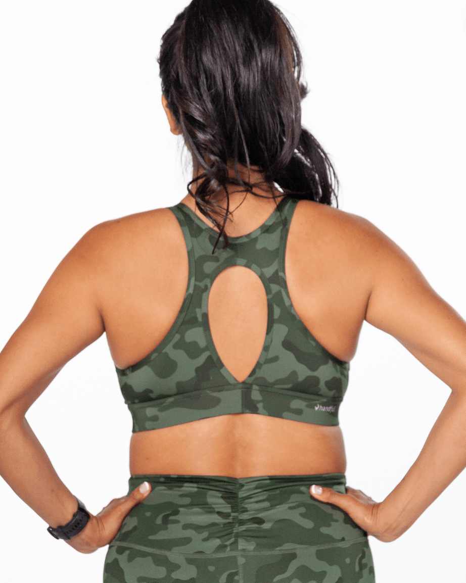 Handful FaV Bra in Hideout color, XS/S size, shown on a model, featuring a comfortable, supportive design with smooth fabric.