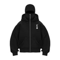 LPO Y2K double hooded balaclava zip hoodie, black outerwear with dual hoods and front zipper, casual streetwear jacket