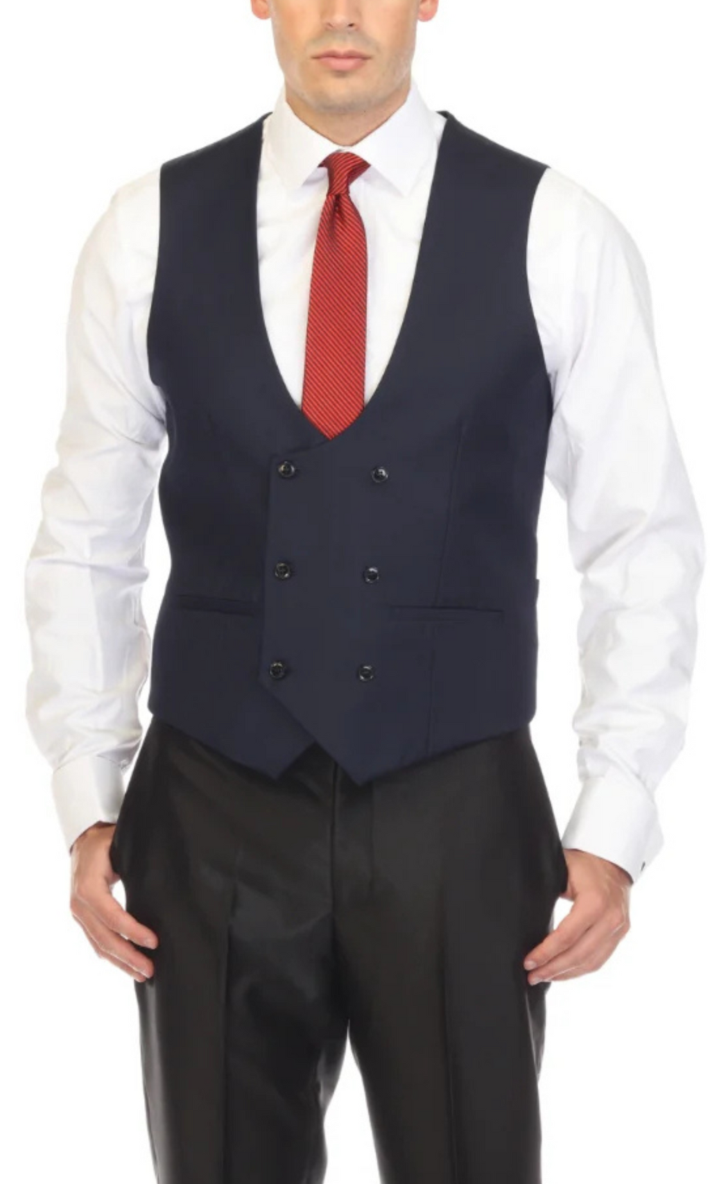 FERRECCI Cruz men's double-breasted navy vest, tailored fit, front buttons, and classic style, shown on a model.