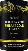 Velorian Collection Gold Shilajit Gummies bottle, health care supplement, featuring a clear view of the golden gummy capsules in the packaging.