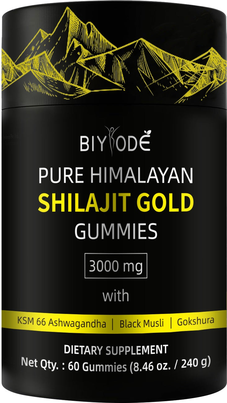 Velorian Collection Gold Shilajit Gummies bottle, health care supplement, featuring a clear view of the golden gummy capsules in the packaging.