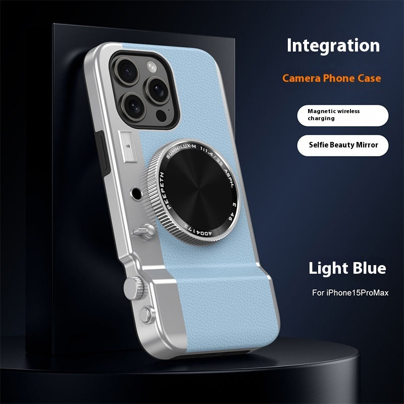 Velorian Collection stereo camera phone case with magnetic closure and creative design, featuring a Bio Sun Stick SPF 50.