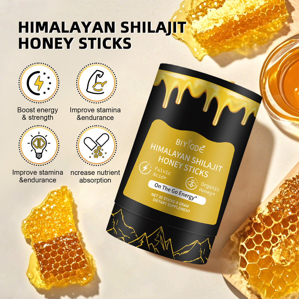 Velorian Collection wholesale pure Himalayan Shilajit resin in honey sticks, natural health supplement with gold-colored Shilajit sticks.