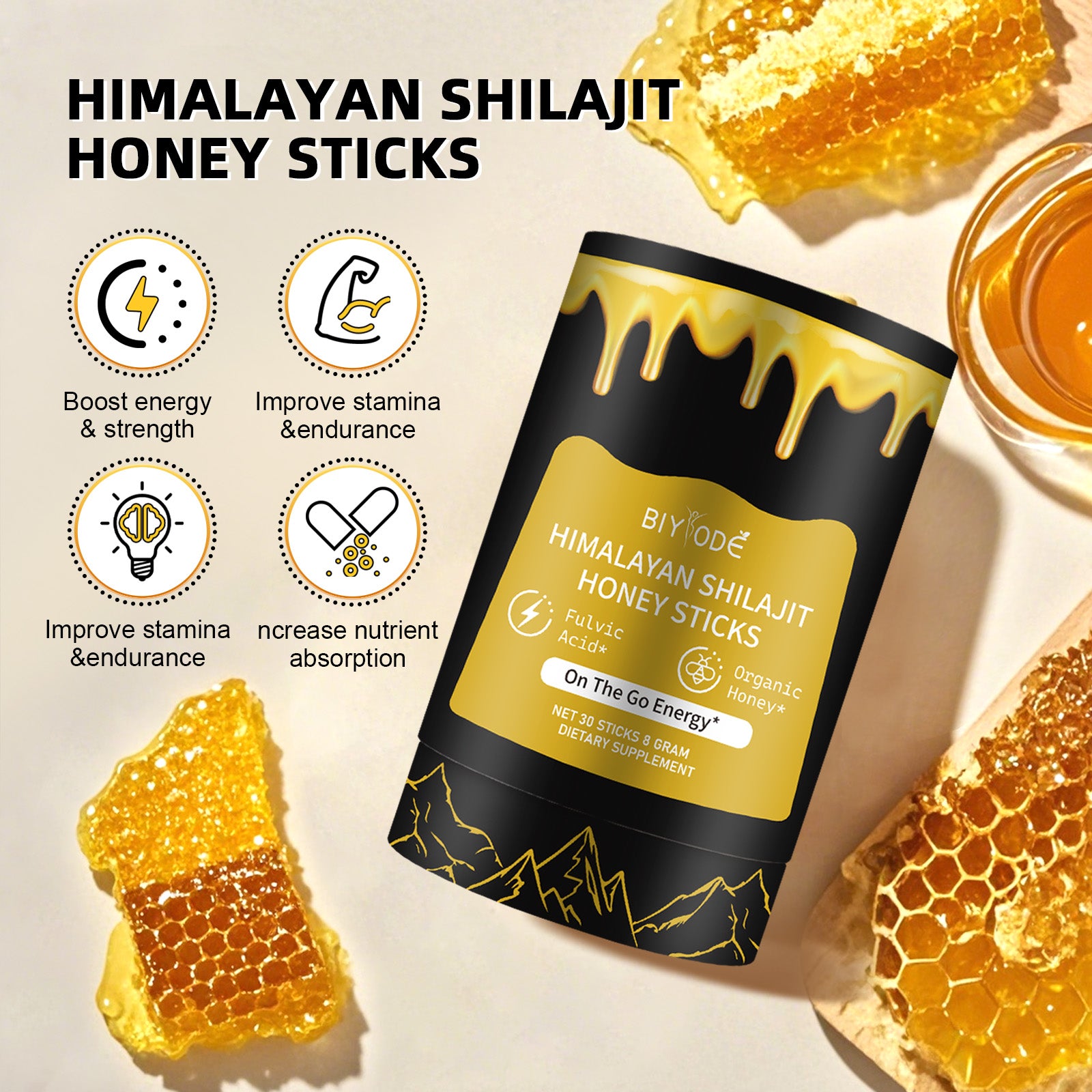 Velorian Collection wholesale pure Himalayan Shilajit resin in honey sticks, natural health supplement with gold-colored Shilajit sticks.