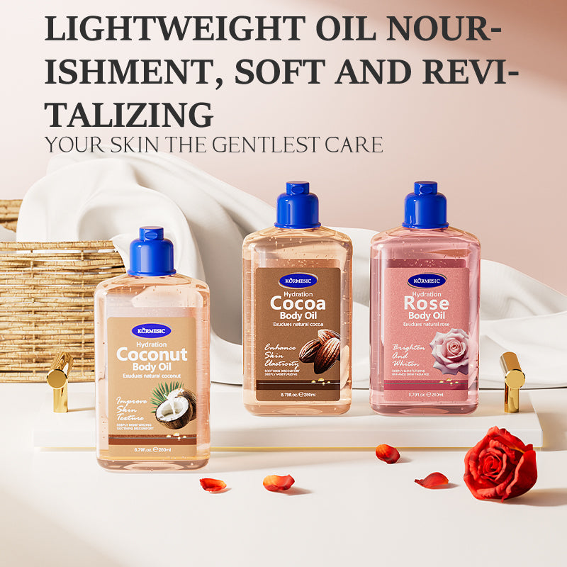 Velorian Collection KORMESIC Cocoa Body Oil 260ml bottle with a sleek design, showcasing the health care product for skin nourishment.
