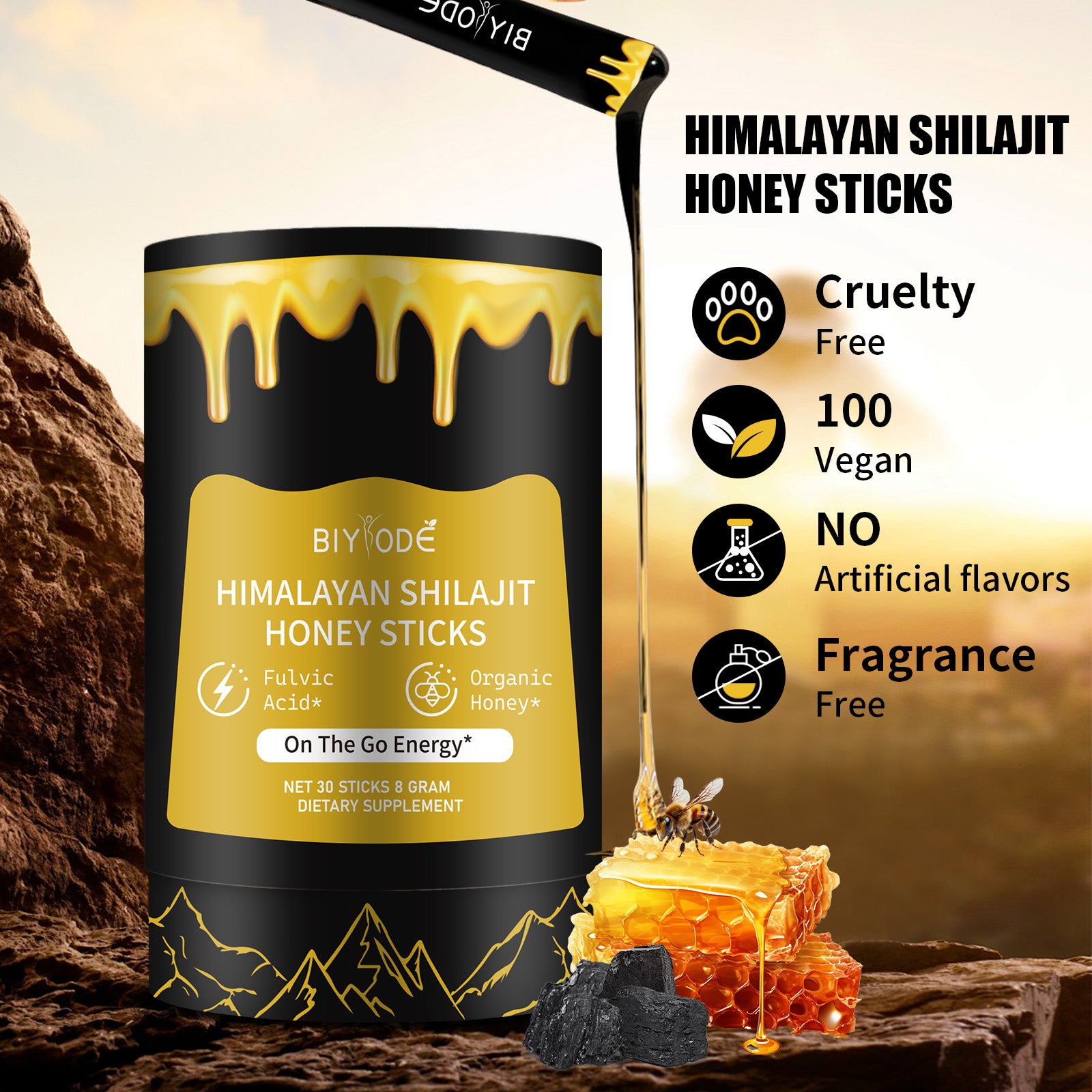 Pure Himalayan Shilajit resin and honey sticks by Velorian Collection, showcasing the natural supplement's rich, golden appearance.