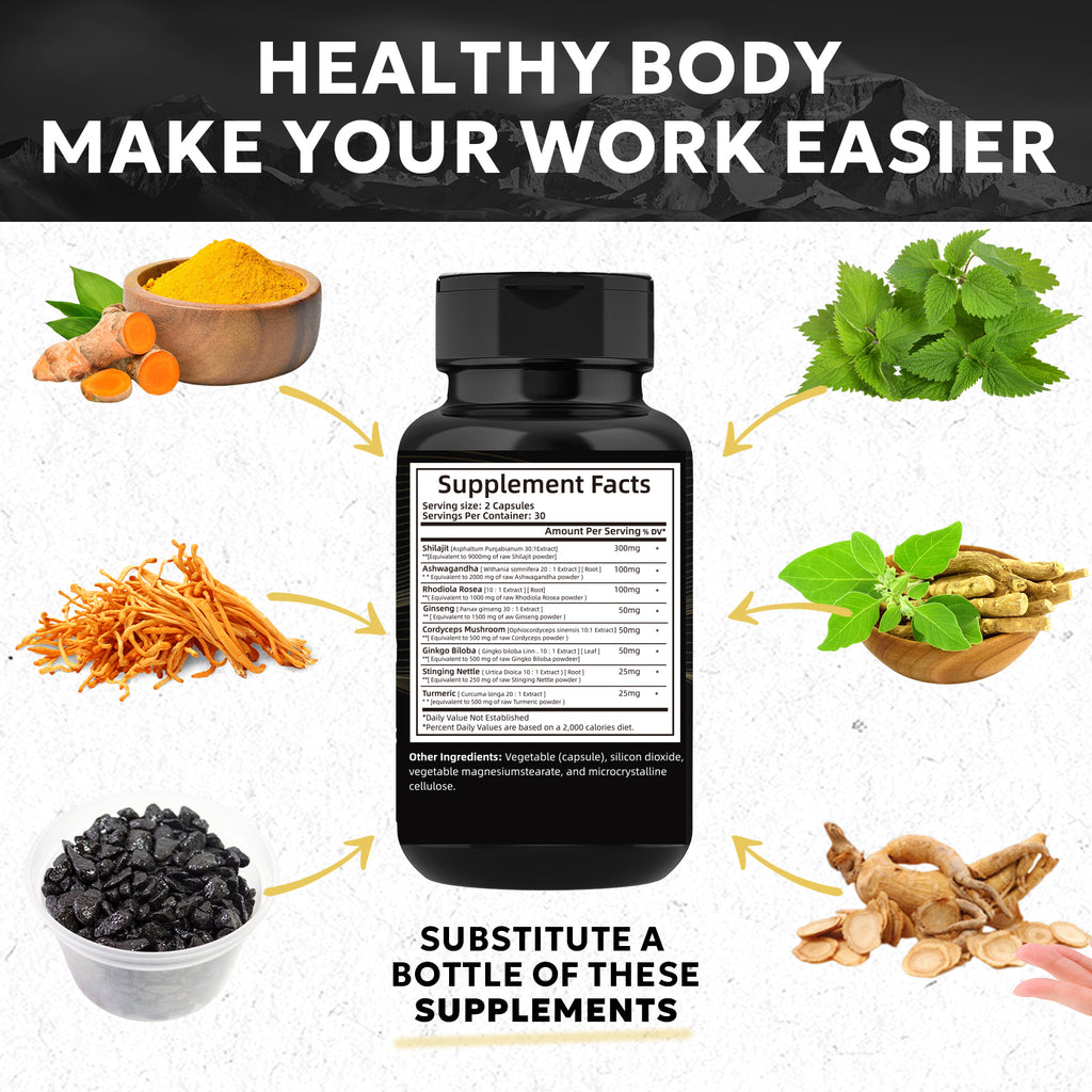 Velorian Collection Himalayan Shilajit capsules with ashwagandha and ginseng, natural energy supplement for health and wellness.