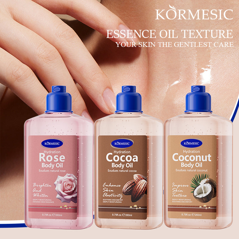 Velorian Collection KORMESIC Cocoa Body Oil 260ml bottle with pump dispenser, featuring rich cocoa formula for skincare.