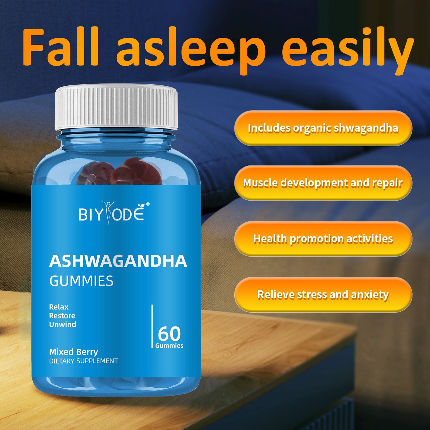 Velorian Collection Biyode Ashwagandha Gummies for relaxation and stress relief in a clear container with colorful gummies inside.