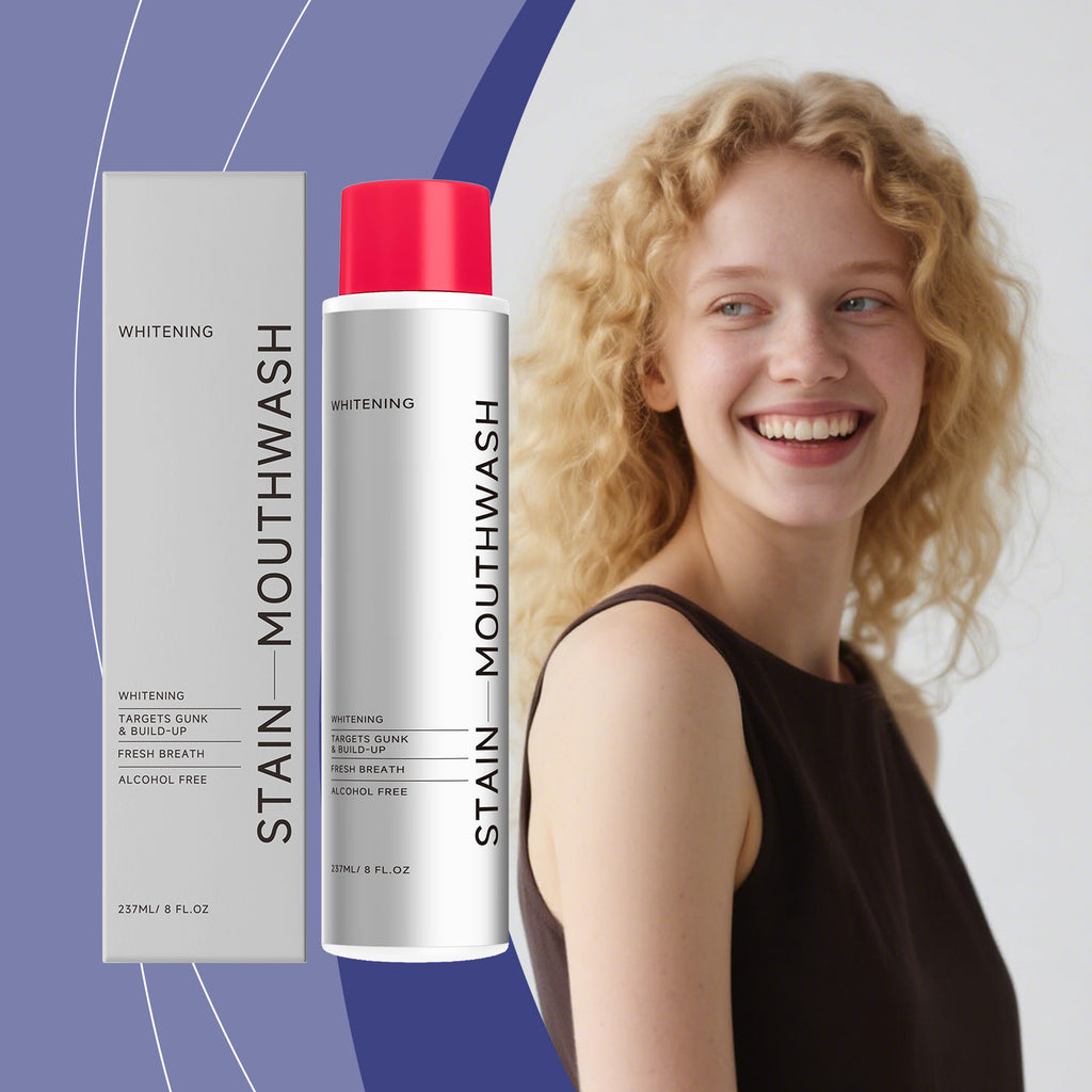 Velorian Collection stain-removing whitening mouthwash in 237ml bottle, showing the clear liquid inside, for oral health and brightening.