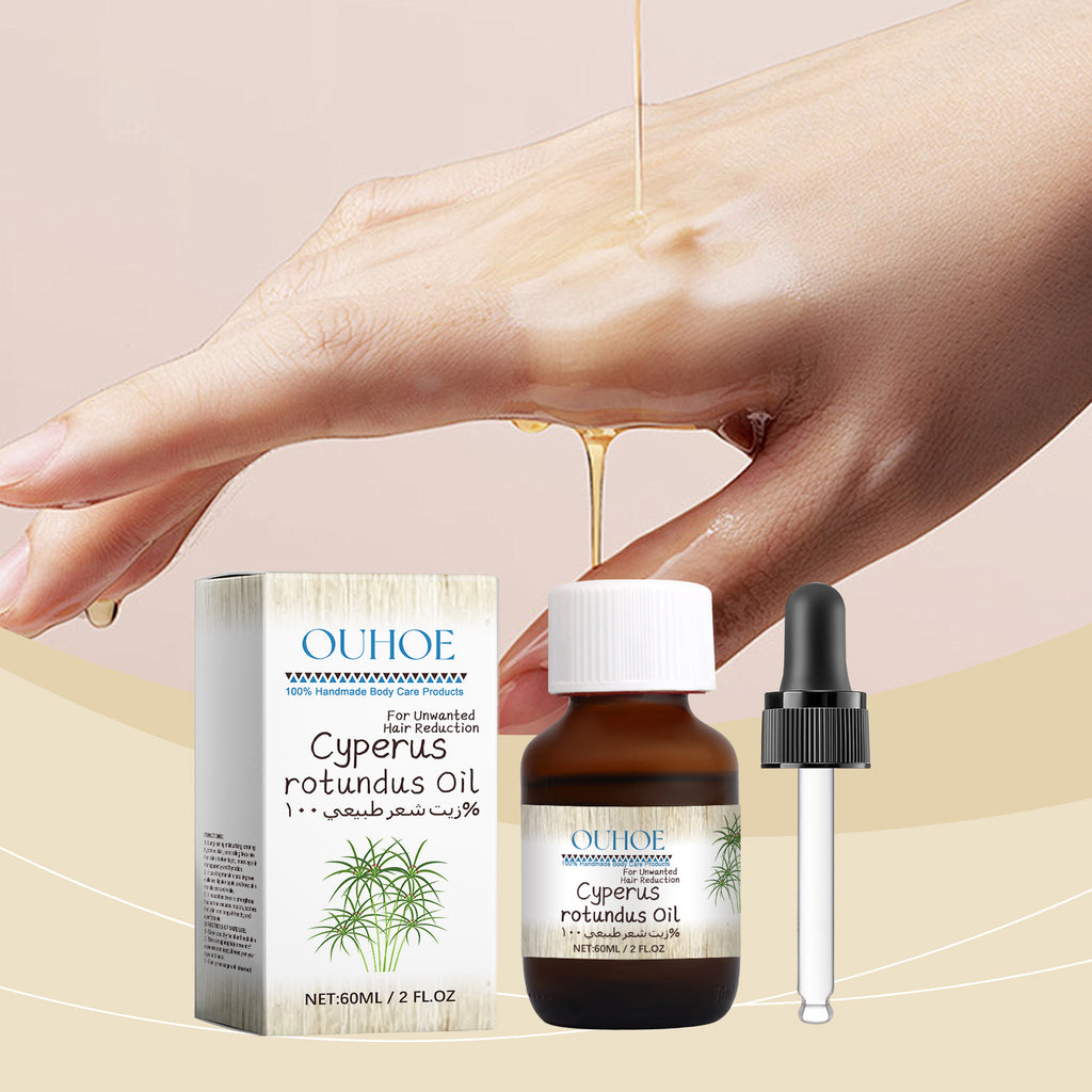 Velorian Collection Cyperus Hair Removal Care Oil in a transparent bottle with a dropper, designed for hair removal and skin care.