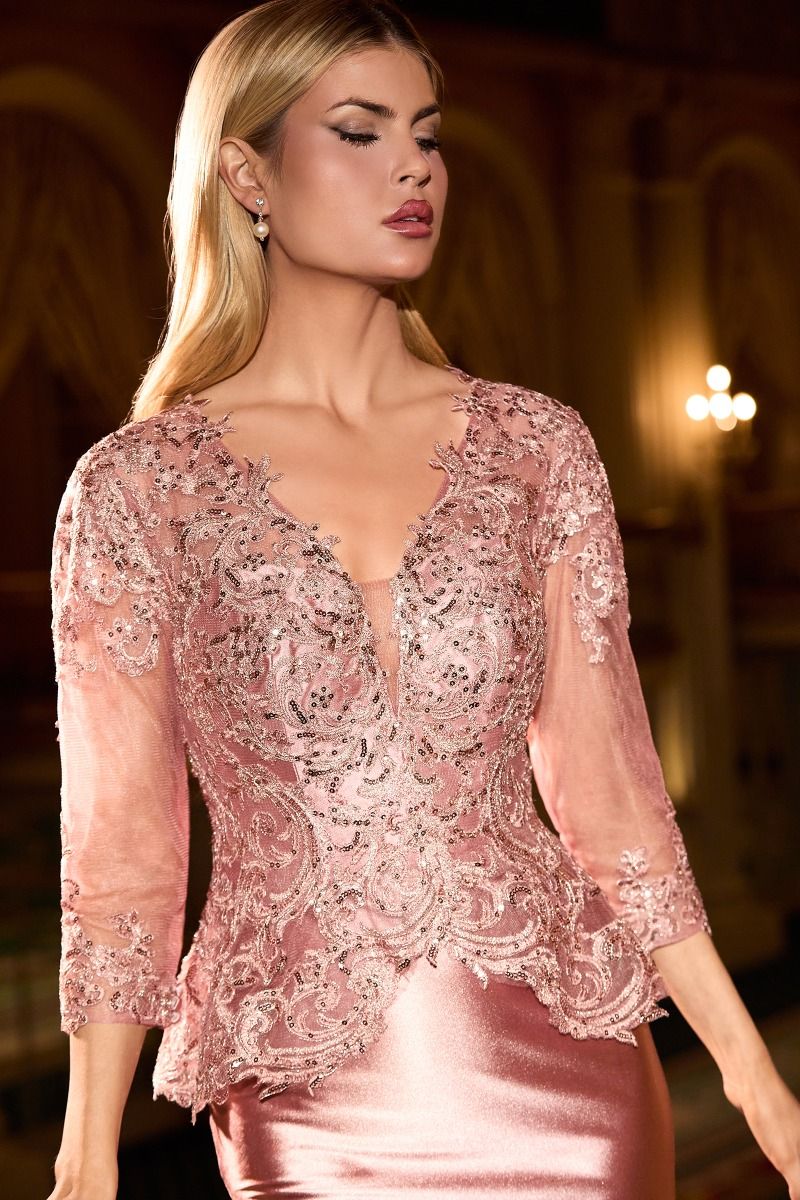 Dusty rose lace appliqué prom evening gown with peplum, fitted silhouette, and three-quarter sleeves by Tux-USA.