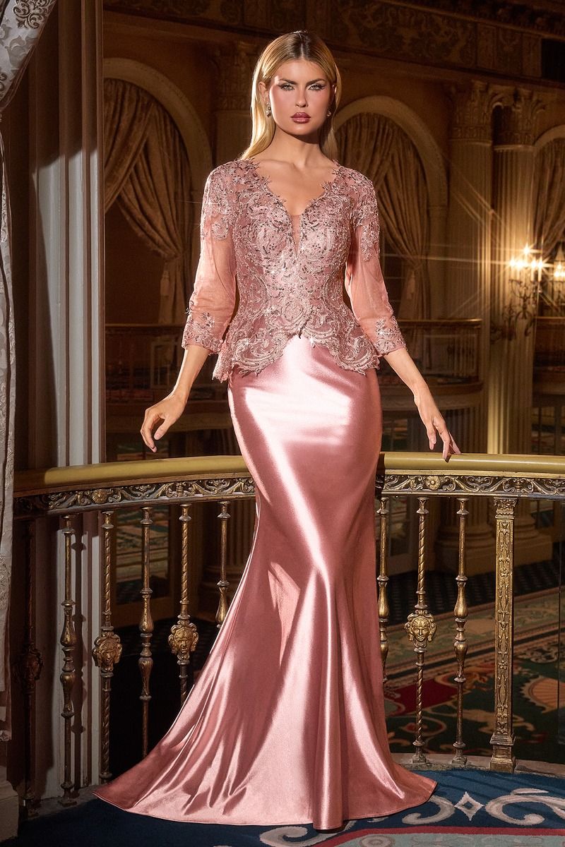 Dusty rose lace appliqué peplum fitted evening gown with three-quarter sleeves, elegant prom dress by Tux-USA.