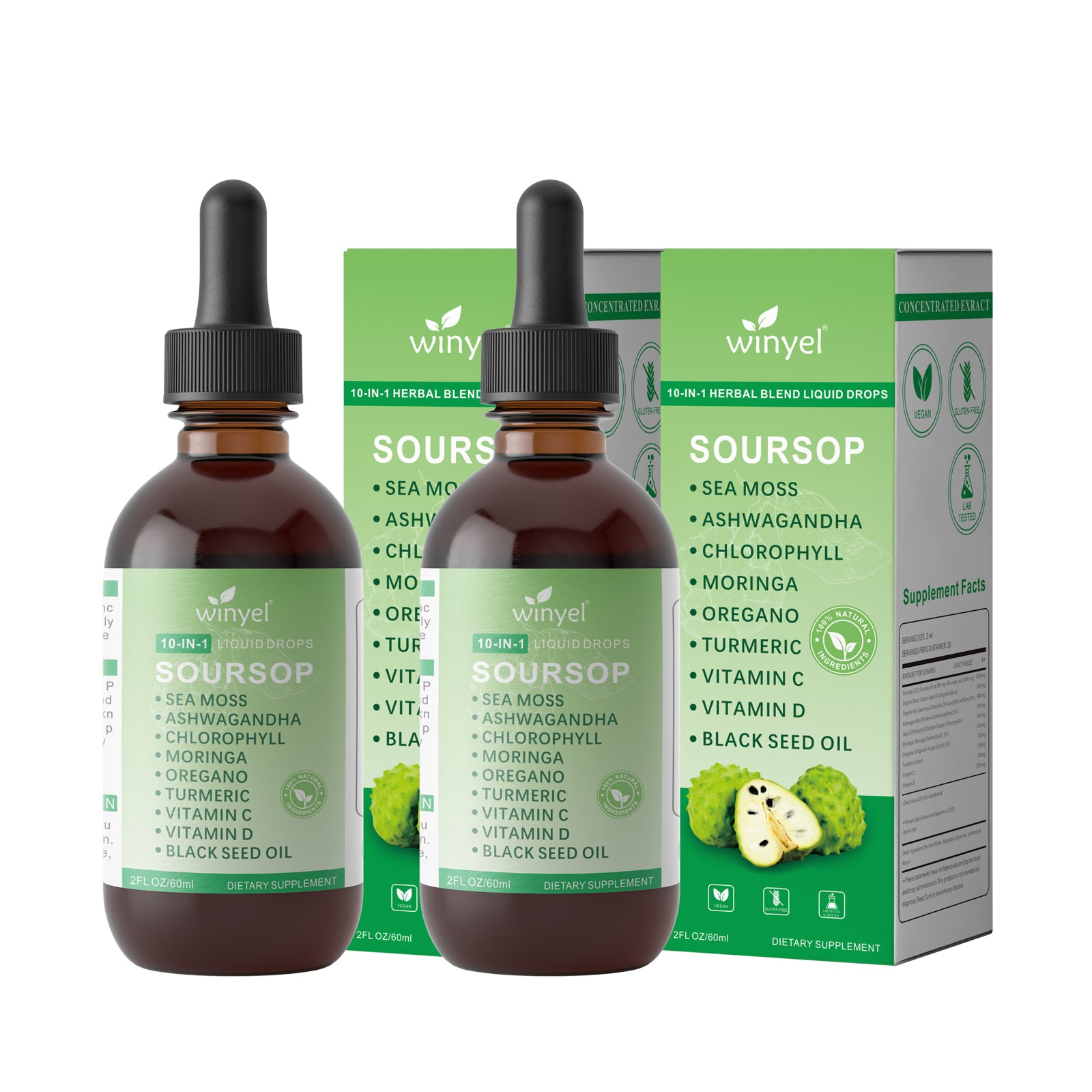 Soursop Drops 10-in-1 with seaweed, moringa, black seed oil, oregano, ashwagandha, chlorophyll, vegan herbal extract bottle.