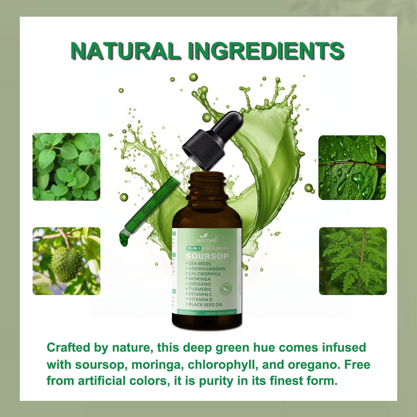 Velorian Collection Soursop Drops 10-in-1 herbal extract bottle, featuring seaweed, moringa, black seed oil, oregano, and ashwagandha.