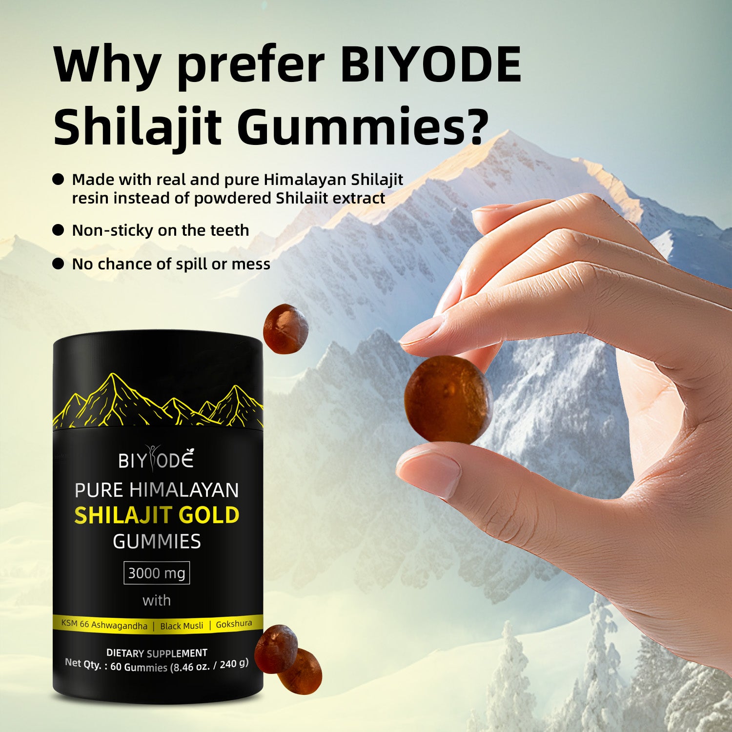 Velorian Collection Gold Shilajit Gummies bottle, health care supplement in a clear plastic bottle with colorful gummies visible.