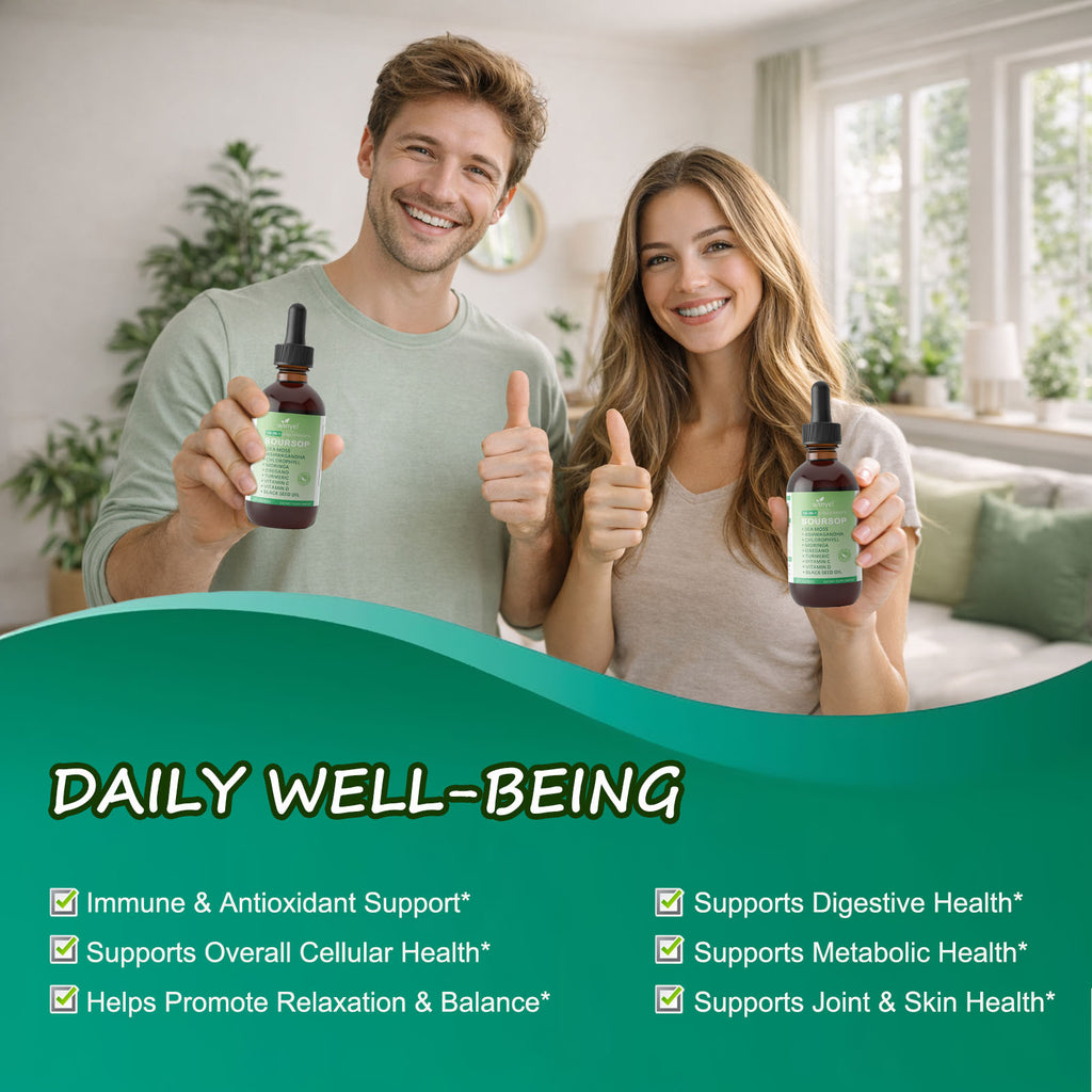 Soursop Drops 10-in-1 with seaweed, moringa, black seed oil, oregano, ashwagandha, chlorophyll in a 2 oz herbal extract bottle.