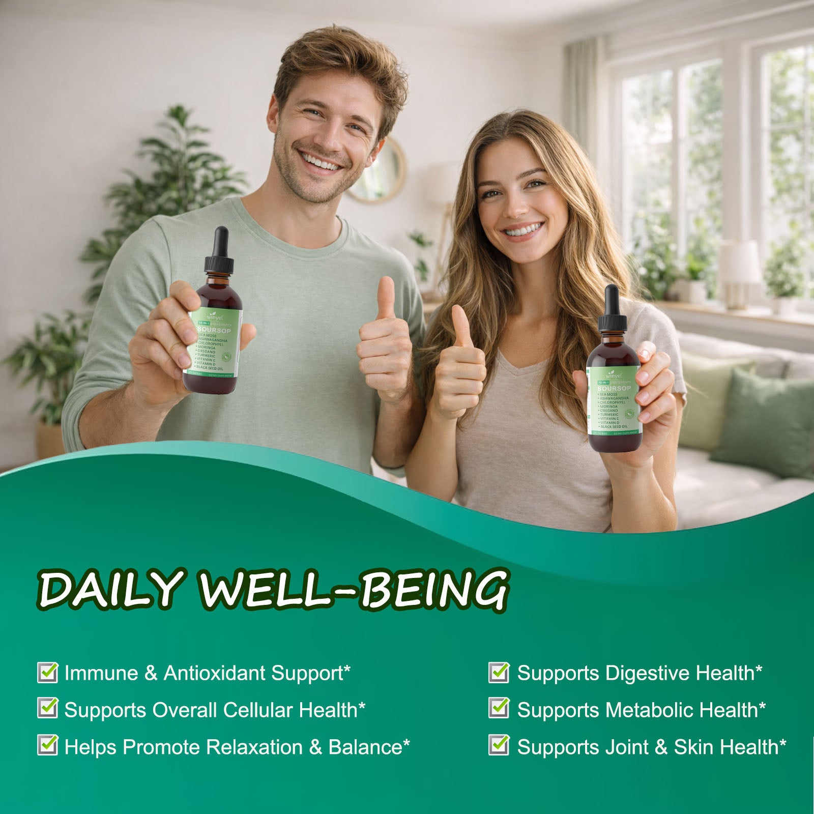 Soursop Drops 10-in-1 with seaweed, moringa, black seed oil, oregano, ashwagandha, chlorophyll in a 2 oz herbal extract bottle.