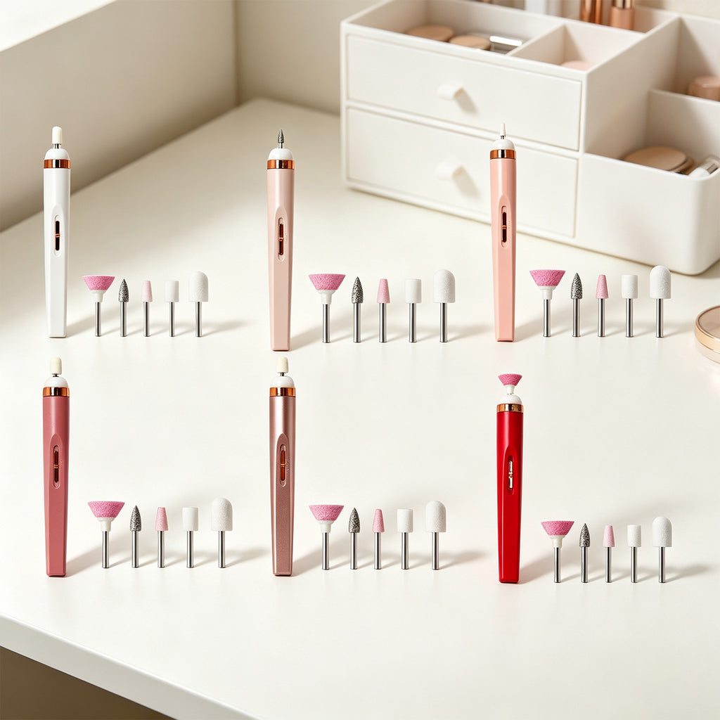 Velorian Collection electric nail drill in rose gold, health care device, shown in boxed packaging with removable handpiece and accessories.