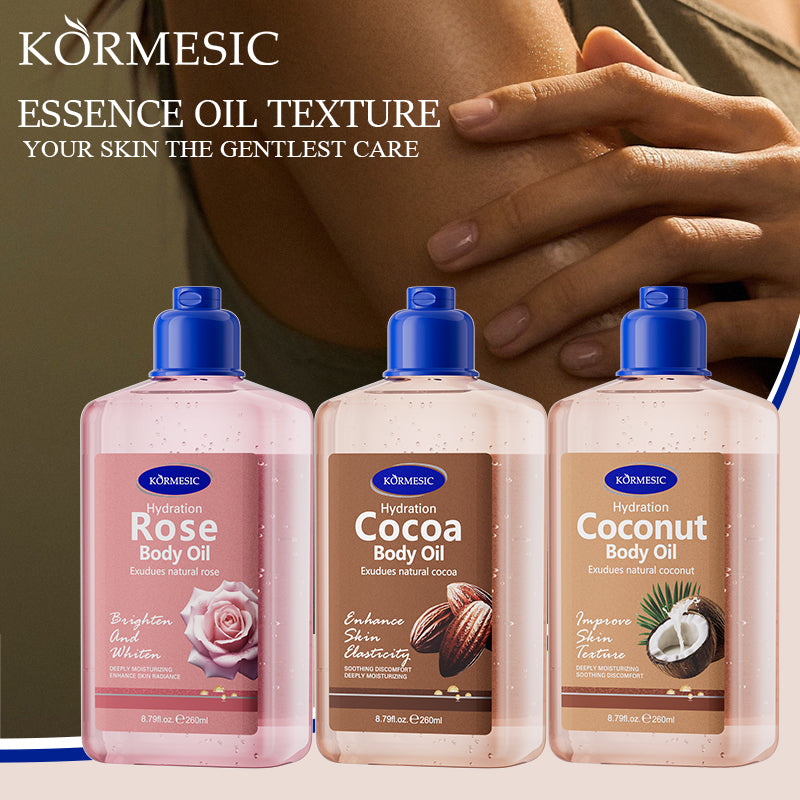 Velorian Collection KORMESIC Cocoa Body Oil 260ml bottle with a smooth, dark brown oil inside, set against a neutral background.