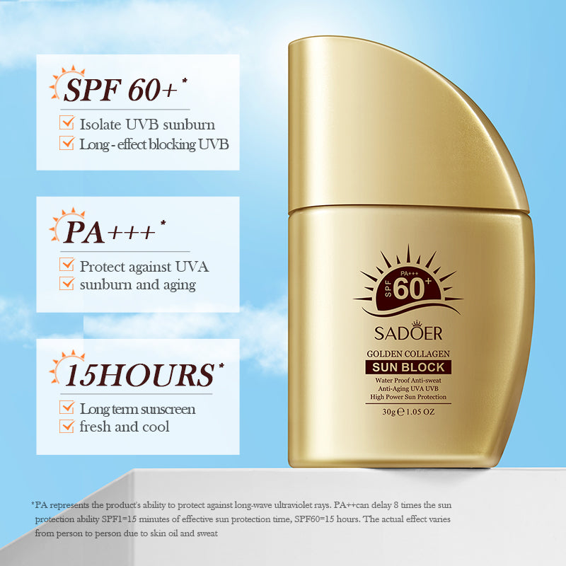 Velorian Collection SADOER Gold Collagen Sunscreen Lotion 30g, health care product with SPF protection and gold-infused formula.