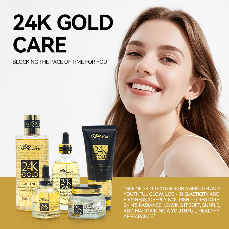Velorian Collection DR 24k Anti-Aging Serum Set with gold-infused skincare bottles for youthful skin.