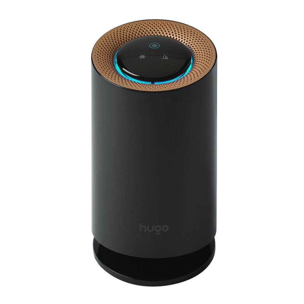 Black Hugo 3-in-1 air purifier, mosquito trap, and air sterilizer with sleek design and modern controls.