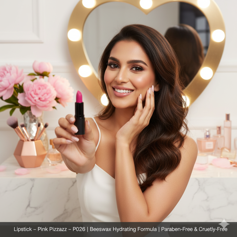 Pink Pizzazz lipstick by Cad B, featuring a vibrant pink shade, hydrating beeswax formula, cruelty-free and paraben-free.