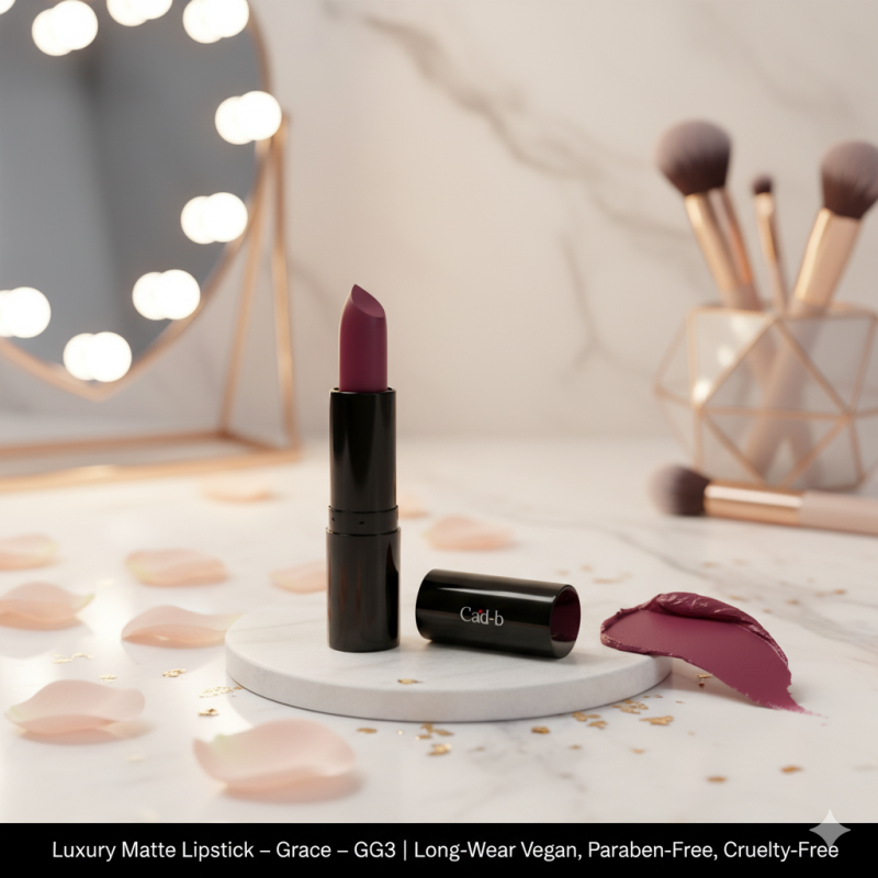 Cad B Luxury Matte Lipstick in Grace GG3, showcasing a sleek tube with the vibrant lipstick color and elegant packaging.
