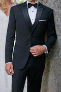 Black Milan Tuxedo Jacket by Tux-USA with peak lapels, modern fit, tailored for 34S, perfect for formal occasions.