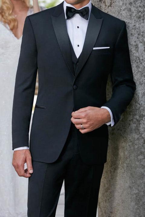 Black Milan Tuxedo Jacket by Tux-USA with peak lapels, modern fit, tailored for 34S, perfect for formal occasions.